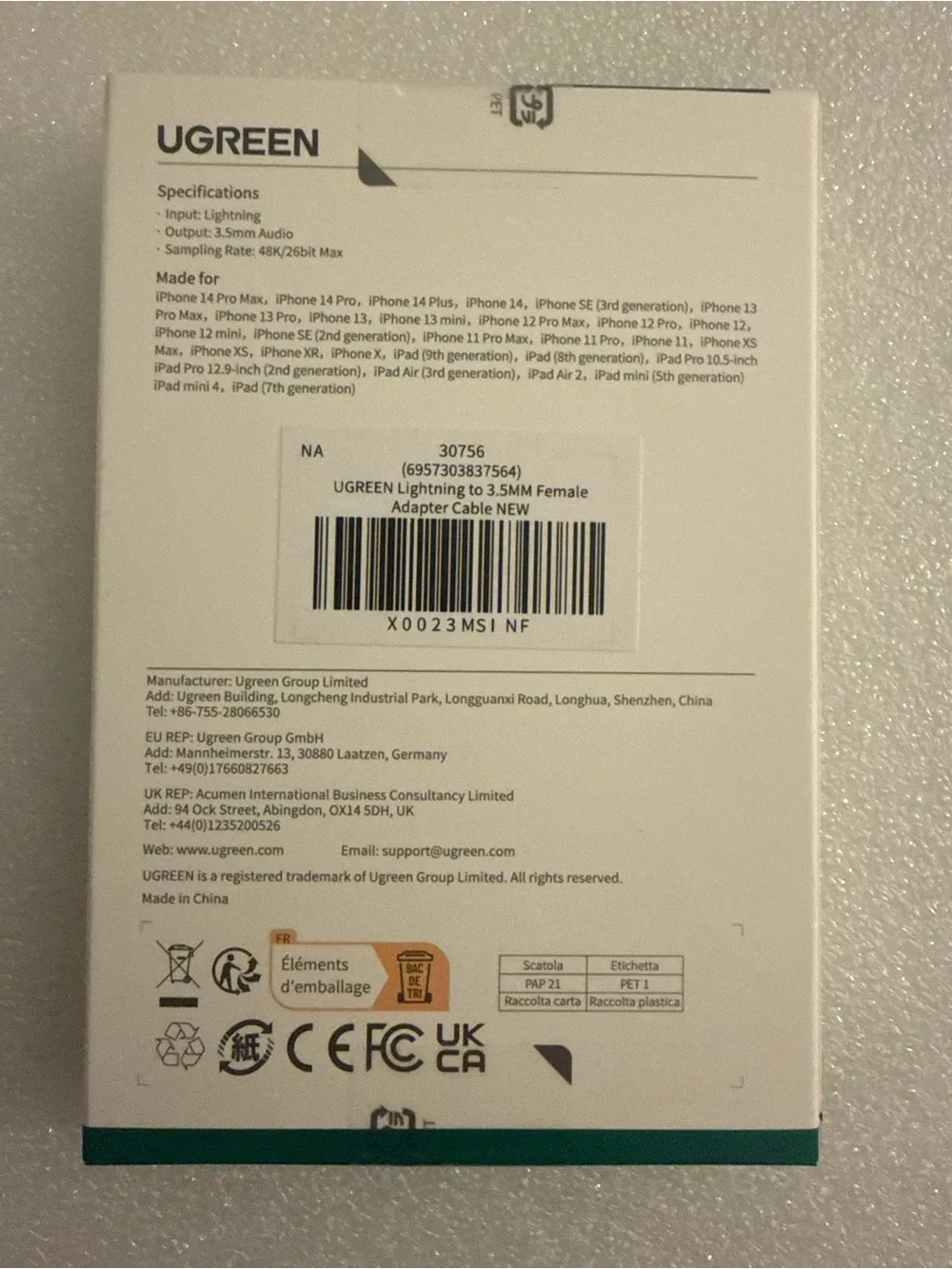 NIB UGREEN Lightning to 3.5mm Headphone Jack Adapter Apple MFi Certified